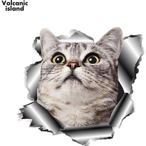 HotMeiNi 13cm x 12.2cm Cute Pet Cat Vinyl Car Sticker Torn Metal Decal Reflective Stickers Car Hood Decal 3D Car Accessories