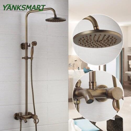 YANKSMART Flexible Retro vintage brass wall mount 8'' shower head + control valve + hand sprayer +outlet bathroom set