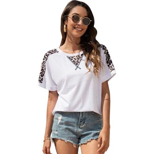 Woman Summer Casual Leopard Patchwork T Shirt Top 2021 Fashion Loose O-neck Short Sleeve T-shirt Clothes For Women White Tshirts