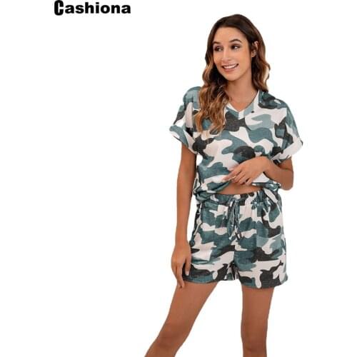 Cashiona Plus size Women Two Piece Set 2021 Summer Casual Loose Camouflage Shirt Lace-up Shorts Set Woman Tracksuit Streetwear