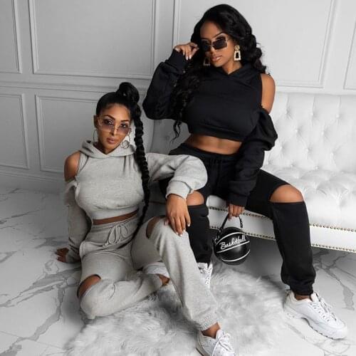 Gray Fitness Women Autumn Winter Long Sleeve Hoodie Sweatshirt Pullover Long Pants Sportswear Two Pieces Set 2020 Fall Clothes
