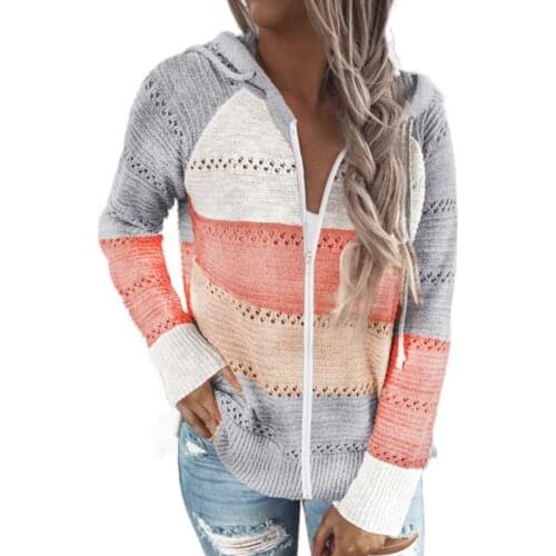 Women Long Sleeve Sweater Full Zip Up Hooded Jacket Color Block Knitted Cardigan