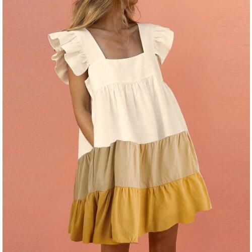 Women Elegant Ruffle Sleeve Dresses Summer Sweet Square Collar Pocket Mini Dress Female Solid Color High Waist Beach Party Dress