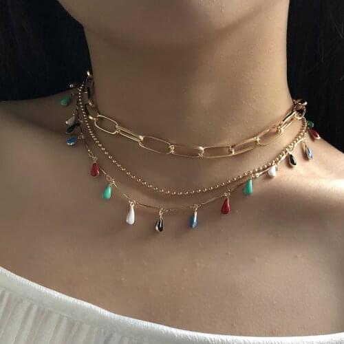 Origin Summer Street Style Multilayer Mix Chunky Chain Rainbow Crystal Choker Necklace for Women Enamel Necklace Accessories