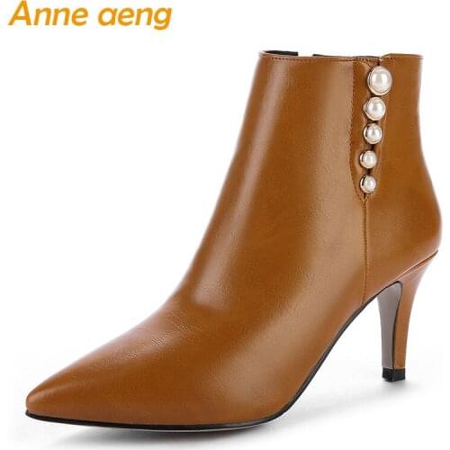 2018 New Winter Women Ankle Boots High Thin Heel Pointed Toe Zipper Pearl Sexy Ladies Women Shoes Brown Short Boots Big Size