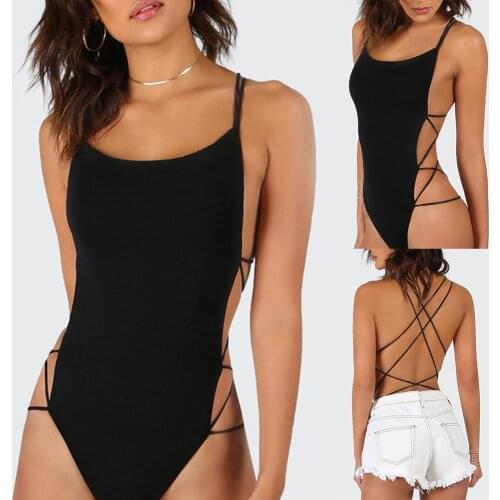 2020 Sexy Strappy Backless Women Solid Color Monokini Swimwear Bodysuit