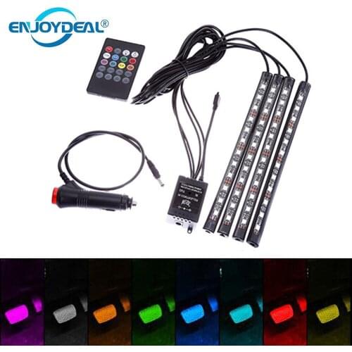 4pcs 12V Car RGB LED Strip Light Car Styling Decorative Colors Auto RGB Light Atmosphere Lamps Car Interior Light With Remote