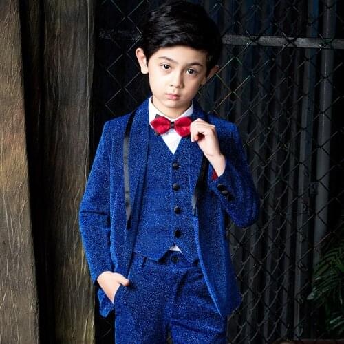 Flower Boys Wedding Suit Sets Children Blazer Pants Shirt Vest Tie 5pcs Clothing Sets Kids Host Performance Dress Costume