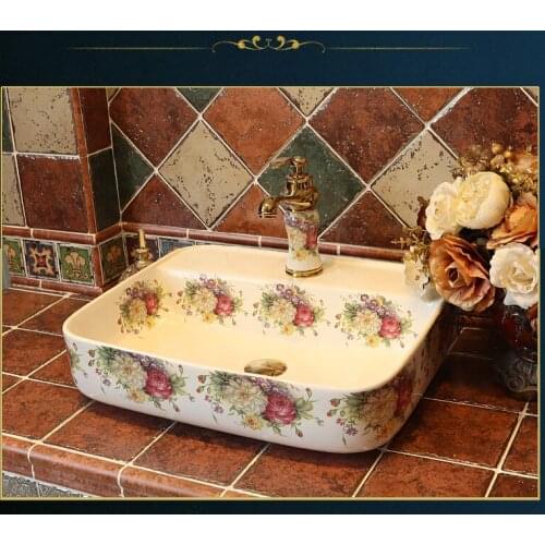 Europe style chinese Jingdezhen Art Counter Top ceramic bathroom sink ceramic basin sink bathroom sink peony pattern rectangular