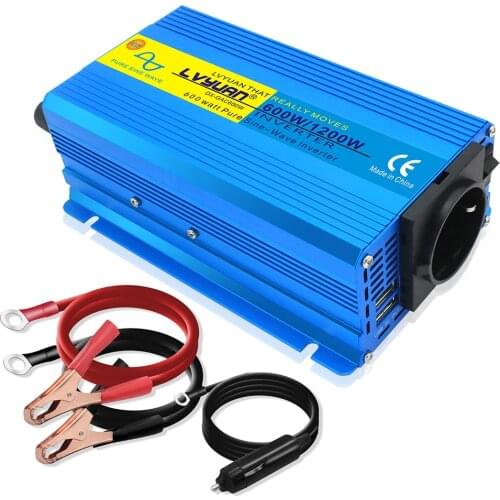 600W/1200W Pure Sine Wave Inverter DC 12Vto AC 220V-240V 50Hz/60Hz Voltage Converter EU Socket Car Cigarette Lighter Plug