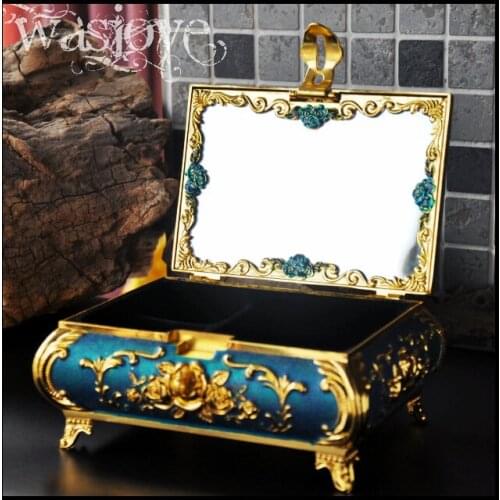 Classic tin alloy metal European Gothic queen jewelry display princess jewelry keepsake souvenir box case jewelry box blue Z003B