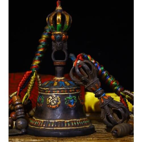 8"Tibet Temple Collection Old Bronze Tracing Old rattle Eight Treasures Pattern Bells Vajra set Town House Exorcism