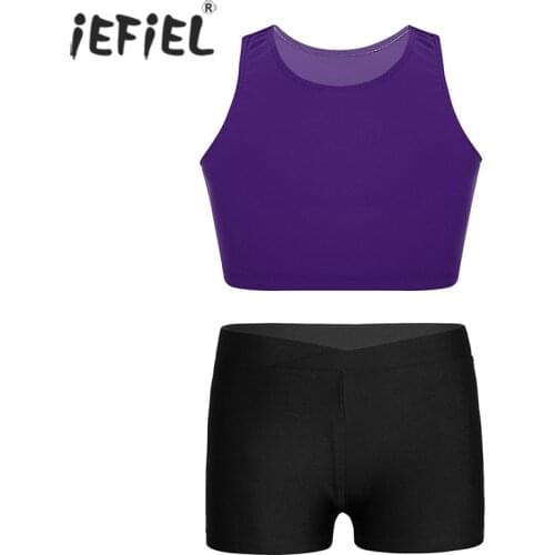 Girls Clothes Set Ballet Dance Stage Performance Workout Sportswear Solid Color Sleeveless Crop Tops Shorts Bottom Kids Clothes