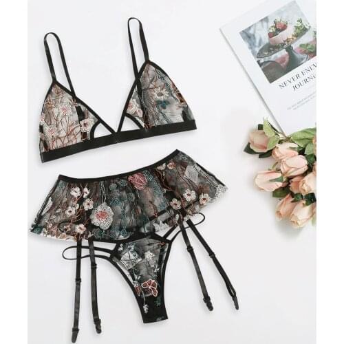 Women Lace Floral Embroidery Lingerie Set Temptation Bra G-string Thong Garter Belt Suit Ladies Underwear bielizna damska