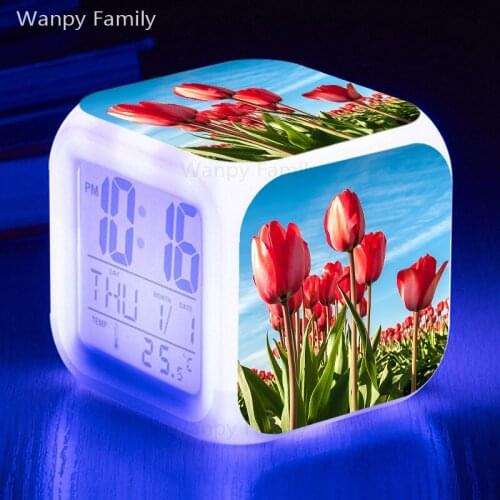 Red Color Tulips Alarm Clocks 7 Color Glowing LED Digital Alarm Clock Kids rooms Multifunction Luminous Electronic Watches