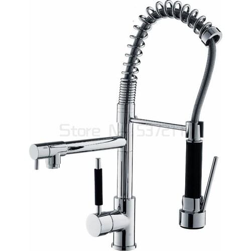 Kitchen Chrome 360 Rotation Pull Out Side Spring Faucet Sprayer Dual Spout Single Handle Mixer Tap Sink Faucet Deck Mounted