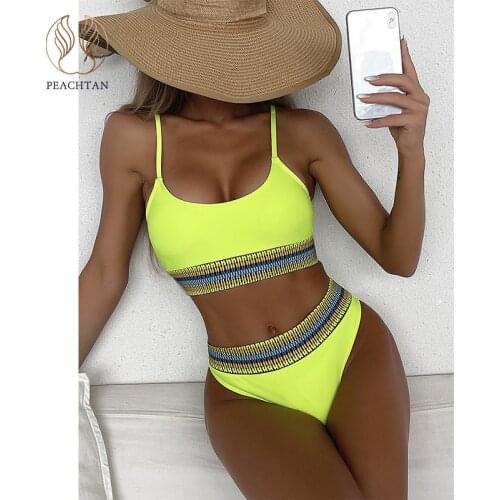 Peachtan High waist bikini 2021 Neon swimwear women Print swimsuit womens swimming suit Bandeau bathing suit Sports 2 pieces