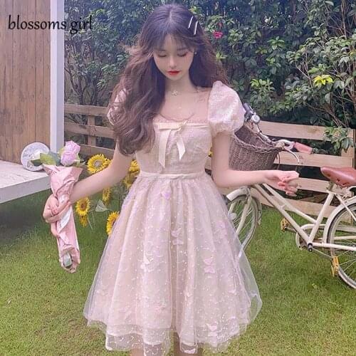 2021 Summer One-Piece Fairy Dress Women Kawaii Soft Girl Sweet Bow Korean Princess Puff Short Sleeve Dress Korean Female Vestido