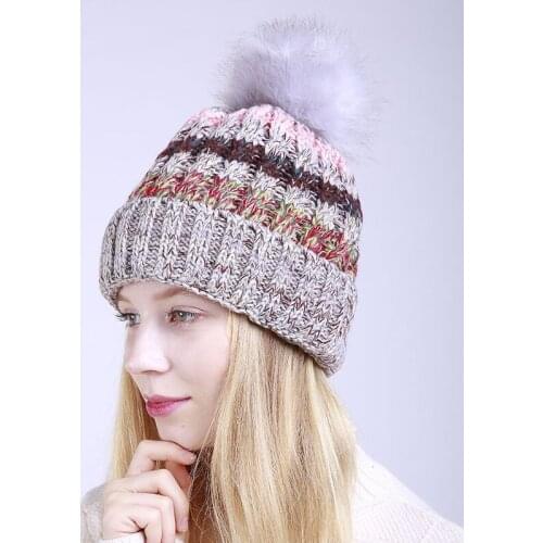 Korean style fashionable winter New color matching mixed color striped curling velvet knitted warm womens hat big fur ball