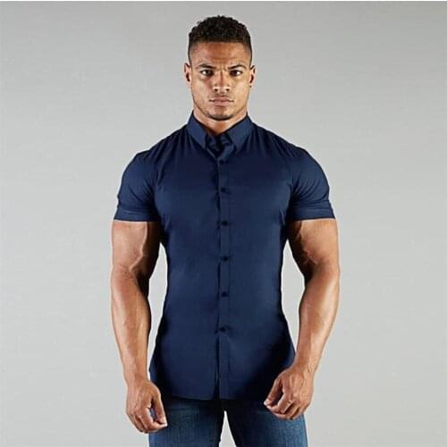 Running Shirt Mens Gym Clothing Summer Tops Business Shirt Short Sleeve Turn-down Collar Shirt Super Slim Fit Social Dress Shirt