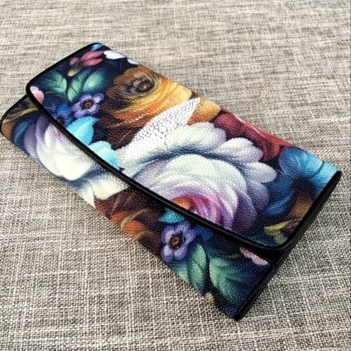 Thailand Authentic Exotic Stingray Skin Womens Long Trifold Wallet Genuine Leather Female Flower Clutch Lady Large Card Purse