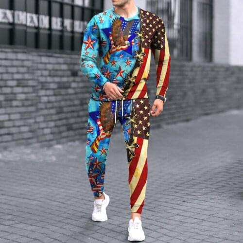 2021Autumn and Winter Mens 3D National Flag Print Round Neck sweater + Trousers 2-Piece Set Fashion Mens Sports Suit Men