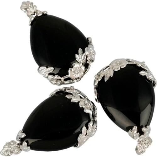 SUNYIK Black Onyx Teardrop Inlaid Flower Healing Crystal Pendant Fit Necklace