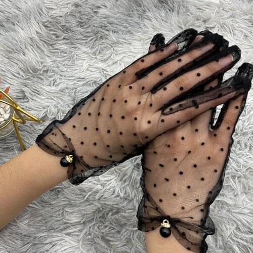 1 Pairs Women Pearl Gloves Lace Full Finger Gloves Short Tulle Gloves Etiquette Gloves Stretchy Lotus Leaf Sheers Black Mittens
