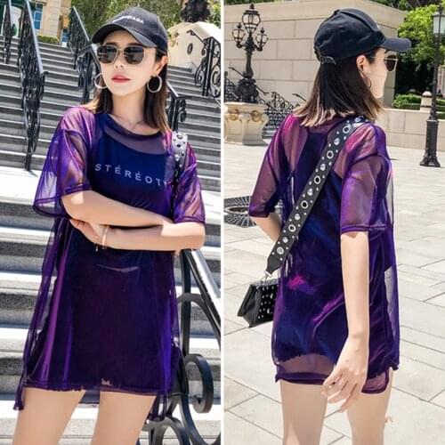 Perspective bright tulle tulle short-sleeved T shirt female summer new hip-hop women mid-length T-shirt strap top two-piece suit