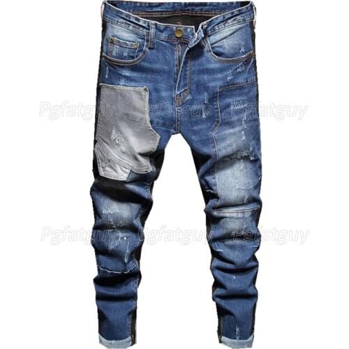 Ripped Patch Color Matching Pants Stretch Mens Jeans Washed Blue Streetwear Slim Denim Trousers Pantalons Pour Hommes