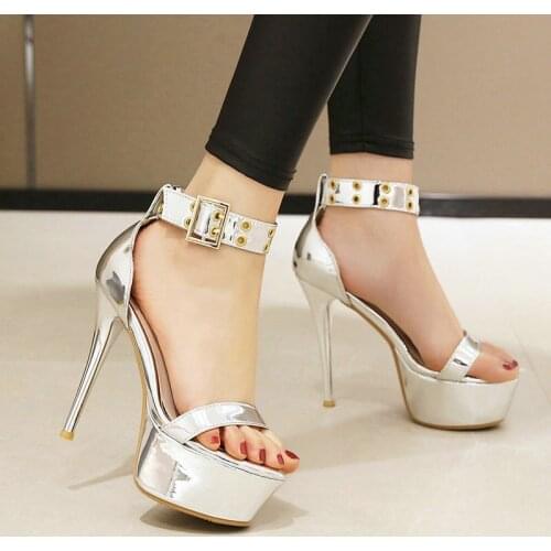 Silver Summer Open Toe Women Sandals Sexy Super High Heel Shoes Ladies Platform Ankle Strap Party Shoes Black Green Yellow