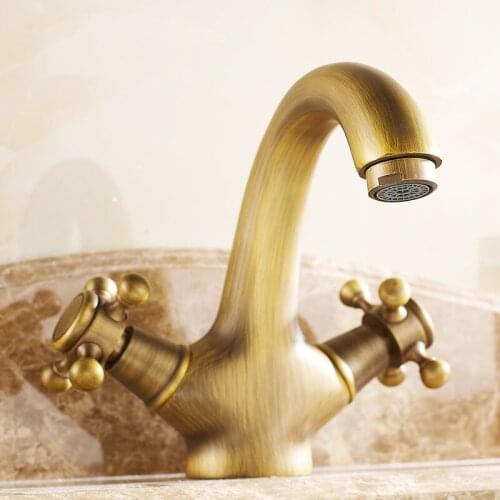 Retro bathroom daul holder wash basin faucet hot and cold, Antique copper brass sink basin faucet mixer tap + 2 inlet water hose