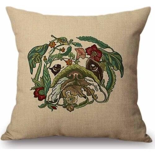 Tropical Plants Floral Dog Face Design Sofa Decorative Pillow Hot Sale Cotton Linen Funny Leaf Pug Face Cushion Cover Car Pillow