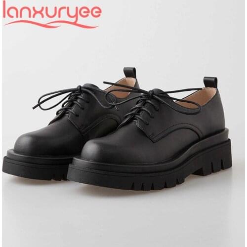 Lanxuryee preppy style full grain leather cross-tied waterproof round toe thick med heel lace up pretty girls women pumps L07