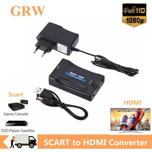 Grwibeou 1080P SCART To HDMI Video Audio Upscale Converter Adapter for HD TV DVD for Sky Box STB Plug and Play DC Cable