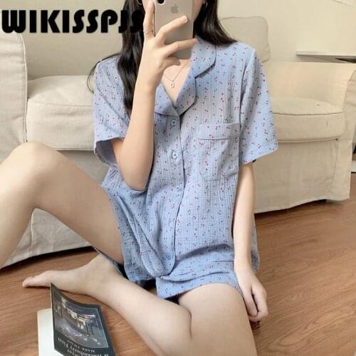 WIKISSPJS 2020 Summer New Sweet Baby Cotton Cherry Print Short Sleeve Shorts PAJAMAS Womens Home Wear Womens Two Piece Sets