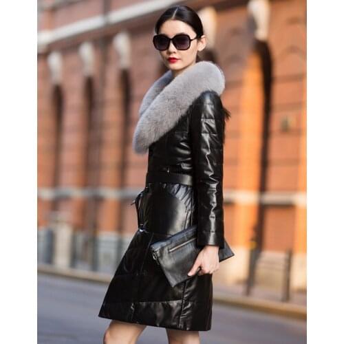 2020 Genuine Women Autumn Winter Long Pure Fox Fur Collar Thick Down Womens Leather Jacket Plus Size 6XL HJ517