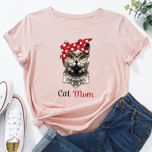 2021 Summer Plus Size Tops Cat Mum Print TShirt Women 100%Cotton Women T Shirt O Neck Short Sleeve Tee T-Shirt Women Shirts