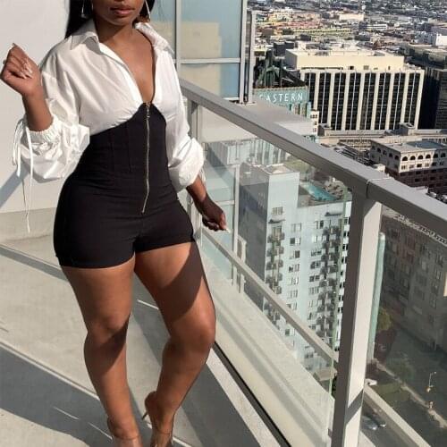 Women Fashion Patchwork One Piece Jumpsuits Autumn Long Sleeve Turn Down Collar Zipper Sexy Rompers Nightclub Party Bodycon