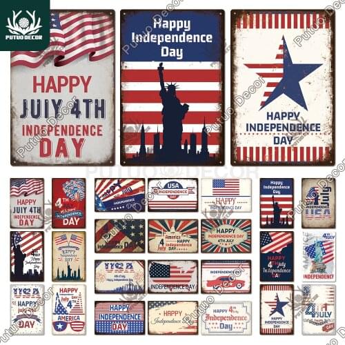 Putuo Decor Tin Sign Happy Independence Day Vintage Metal Plate Home Decoration Metal Poster for Living Room Bedroom Wall Decor