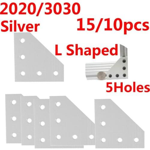 2020/3030 3D Printer L Shaped Aluminium Angle Connection Joint Silver Corner Joining Plate 5Holes 60x60x4mm/90x90x4mm 15/10pcs