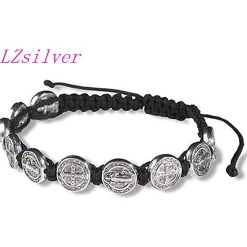 5 Pcs Zinc Alloy Tone Saint Benedict Medal on Adjustable Black Cord Wrist Bracelet B-38