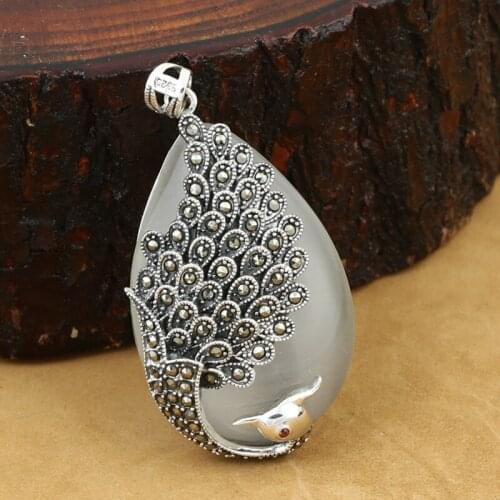 925 Sterling Silver Pendant Jewelry Retro Thai Silver Men And Women Models Peacock Marcasite Inlaid Opal Fine Jewelry