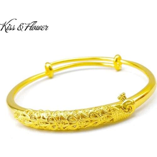 KISS&FLOWER BR37 2021 Fine Jewelry Wholesale Fashion Woman Girl Birthday Wedding Gift Round Peacock 24KT Gold Resizable Bracelet