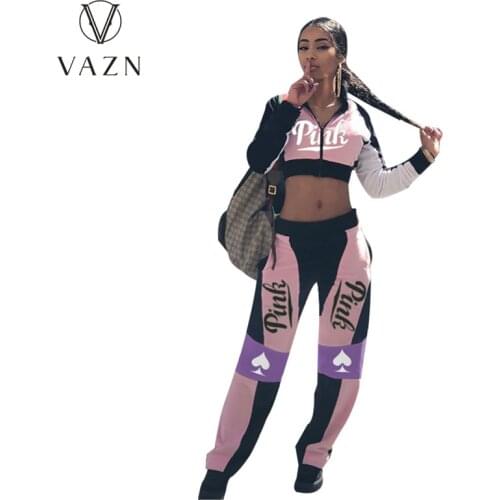 VAZN 2020 Hot Sale Women Set Tracksuit Full Sleeve Letter Print Sexy Suit Two Piece Set Office Loose Lady Sets