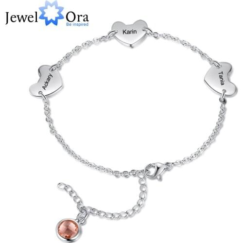JewelOra Customized Engraving Name Bracelet with Birthstone Personalized 3 Hearts Chain Bracelet Unique Gift for Girlfriend