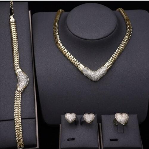 Luxury Cubic Zirconia Dubai Jewelry Sets choker Necklace Earring Bracelet Ring Gold color African bridal wedding Jewelry Set cz