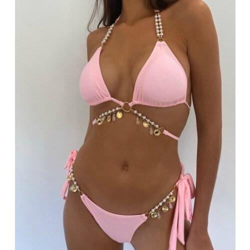 2 Pcs Womans Bikini Swimwear Set Sexy Halter Pearl Crystal Pendant Lace-up Bra Solid Color Elastic Panties Summer Beachwear
