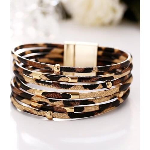 Leopard Print Metal Magnetic Buckle Leather Bracelet Jewelry Accessories for Women