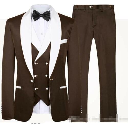 Mens Brown Suits White Shawl Lapel One Button Wedding Groom Business Dinner 3 pieces(Jacket & Pant & Vest) tailor made suit